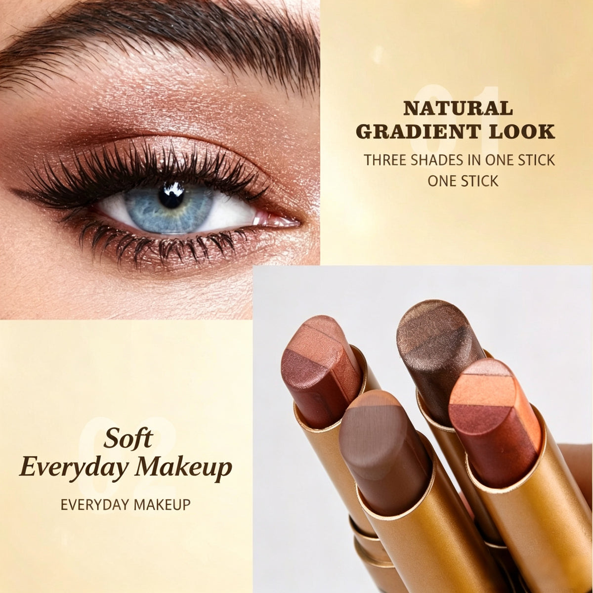 Multi‑Finish 3‑Tone Eyeshadow Stick for Gentle Eye Look